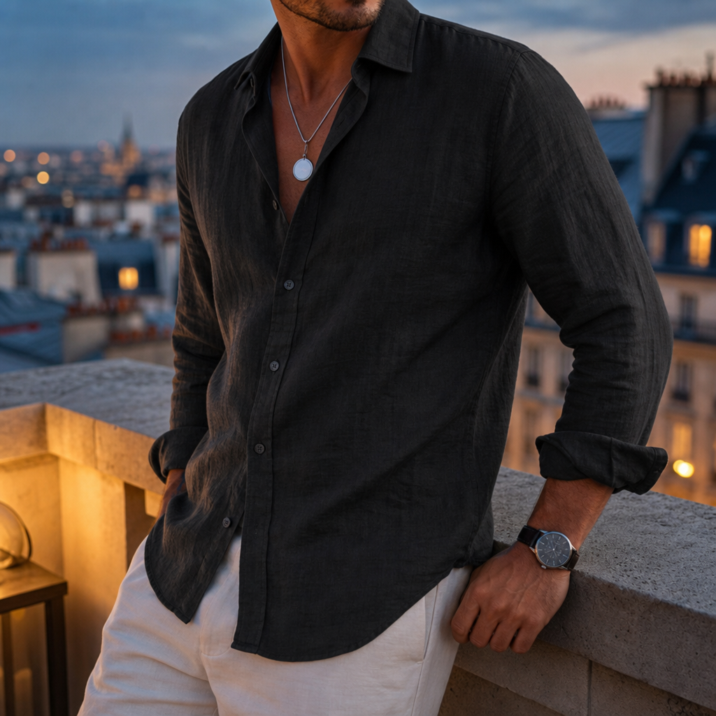Grasse Linen Button-Up Shirt in Black