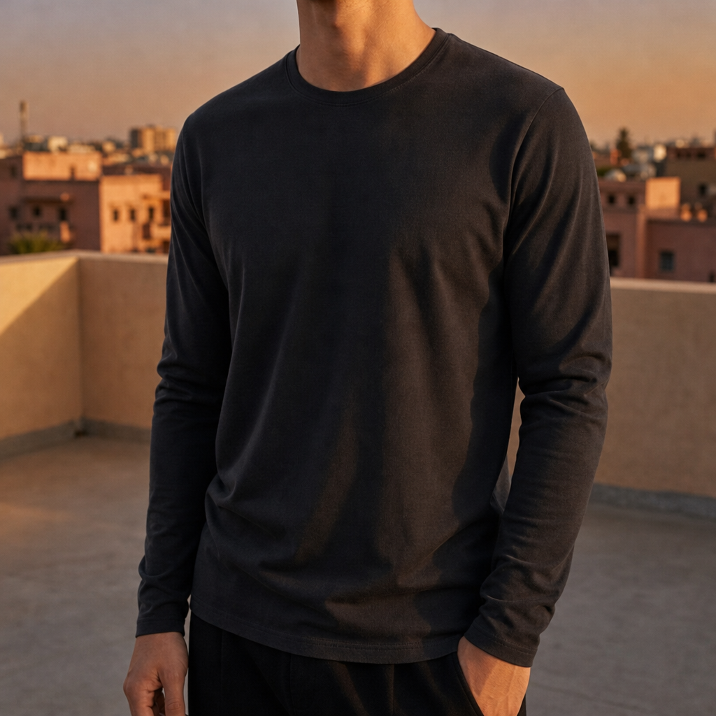 Trento Slim Crewneck Long-Sleeve Tee in Black
