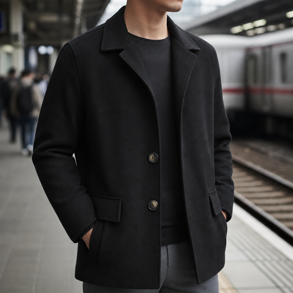 Soller Slim Wool Overcoat in Black