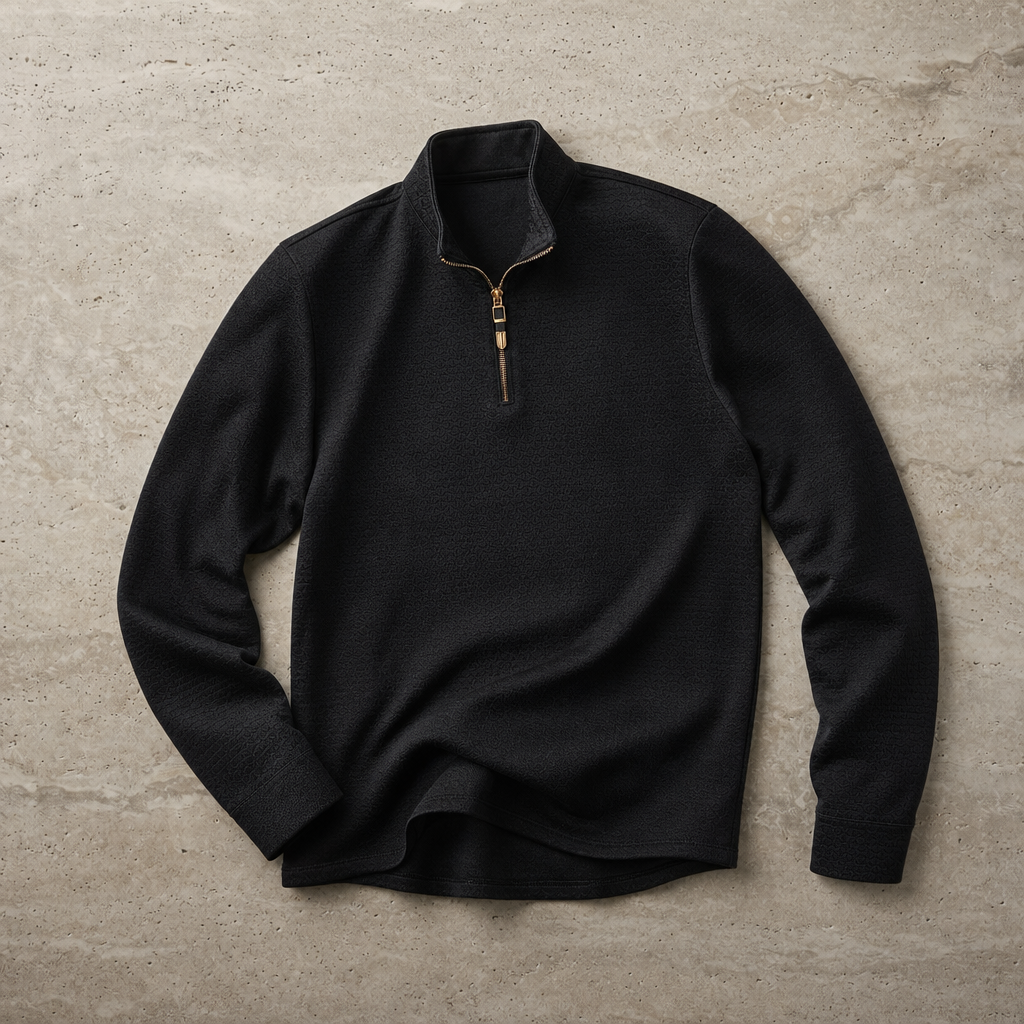 Chios Textured Quarter-Zip Pullover in Black