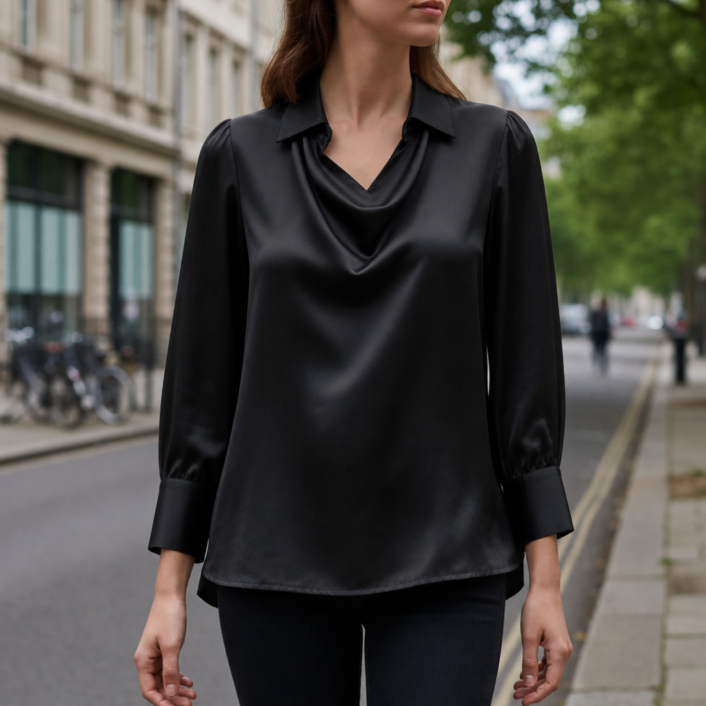 Getaria Satin Cowl Neck Blouse in Black