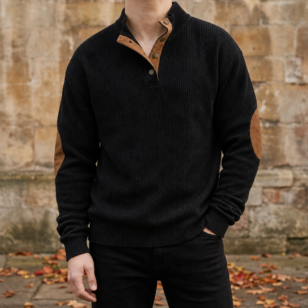Olhao Corduroy Henley Sweatshirt in Black