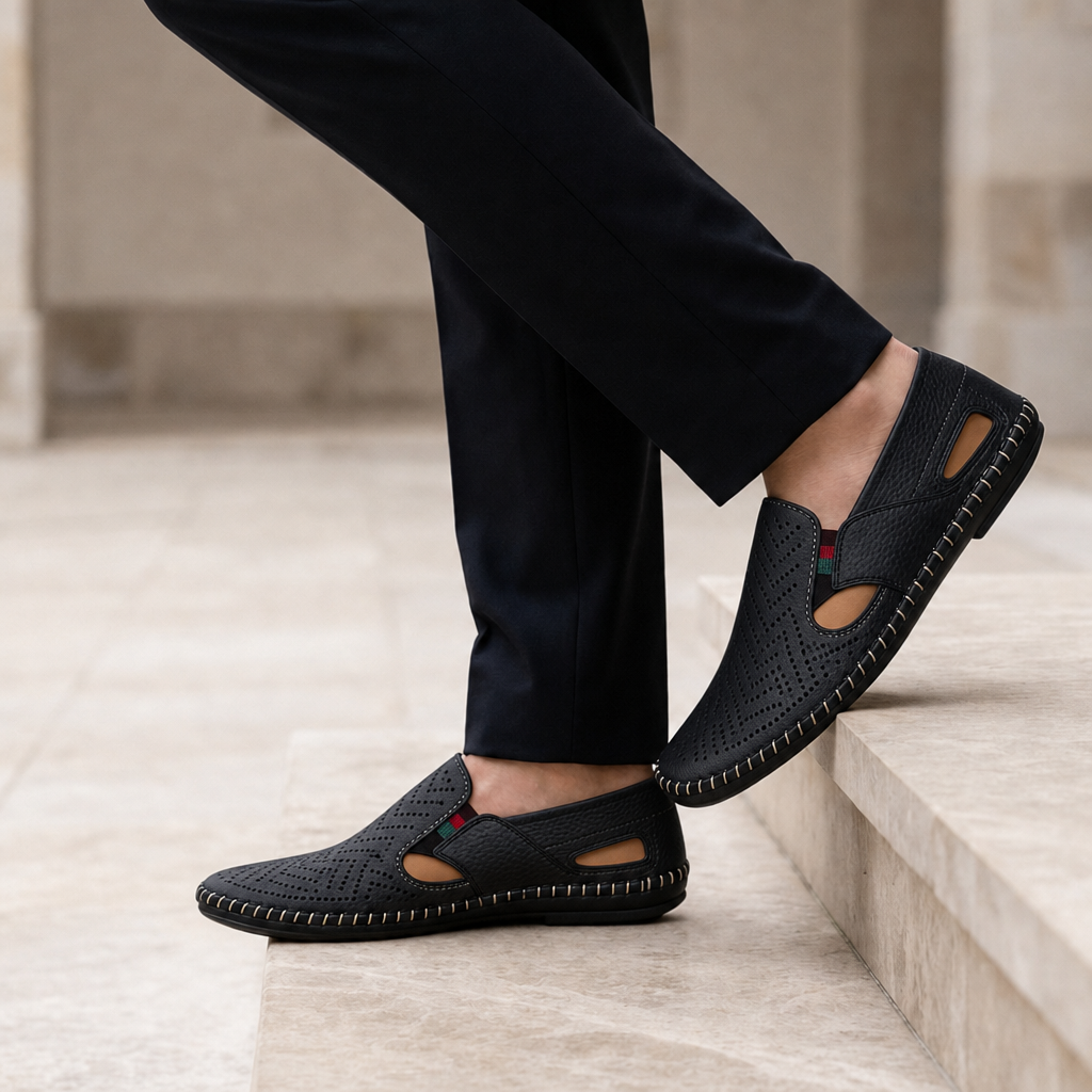 Nice Perforated Leather Sandals in Black