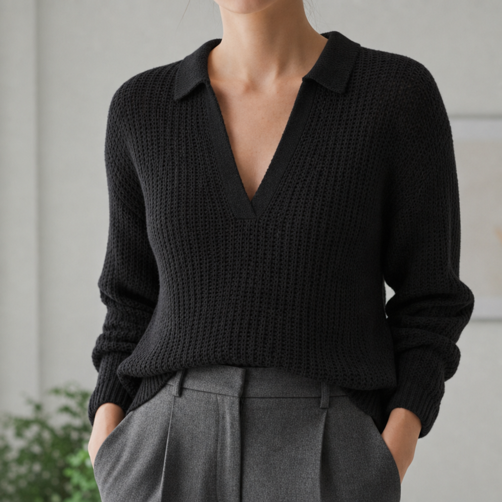Oviedo Collared Knit Sweater Top in Black