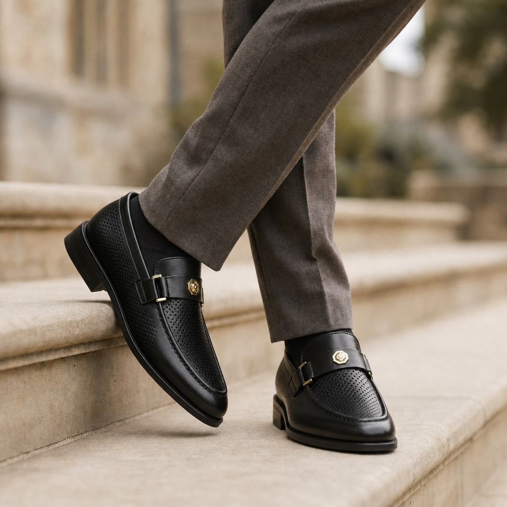 Evora Perforated Leather Loafers in Black