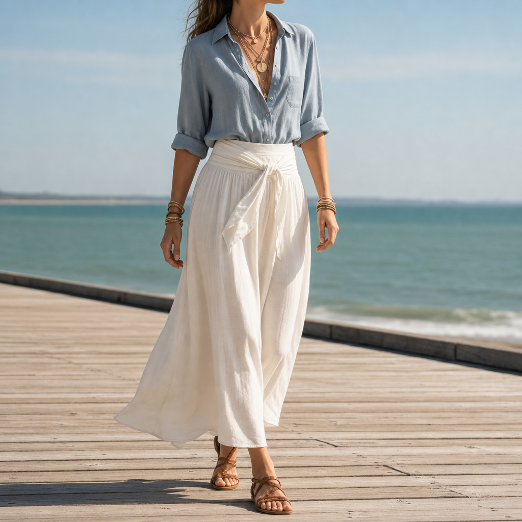 Beaulieu Linen Shirt Skirt Set in Blue Beige