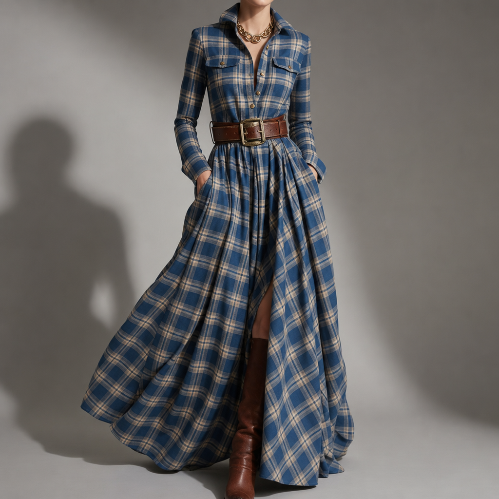 Rabat Plaid Belted Maxi Dress in Blue