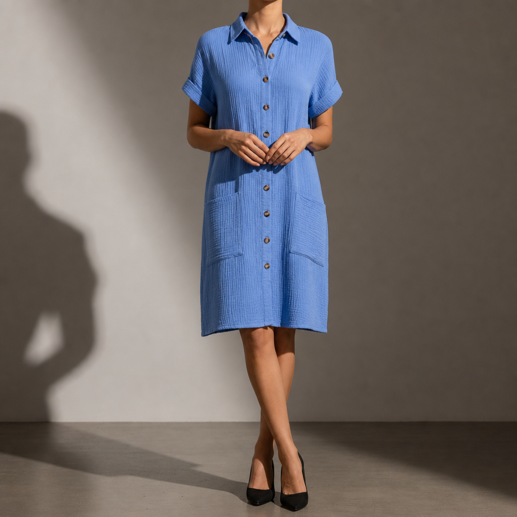Modica Cotton Muslin Shirt Dress in Blue