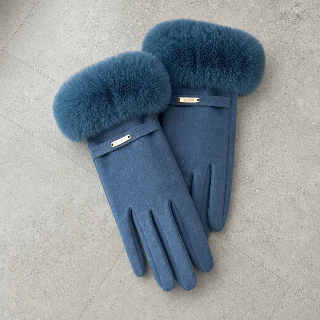Girona Fur Trim Suede Gloves in Blue