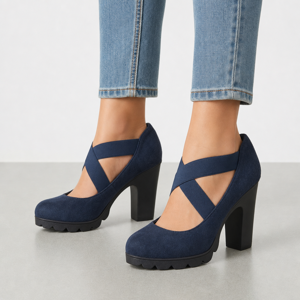 Kythnos Crisscross Strap Block Heels in Blue Synthetic Suede