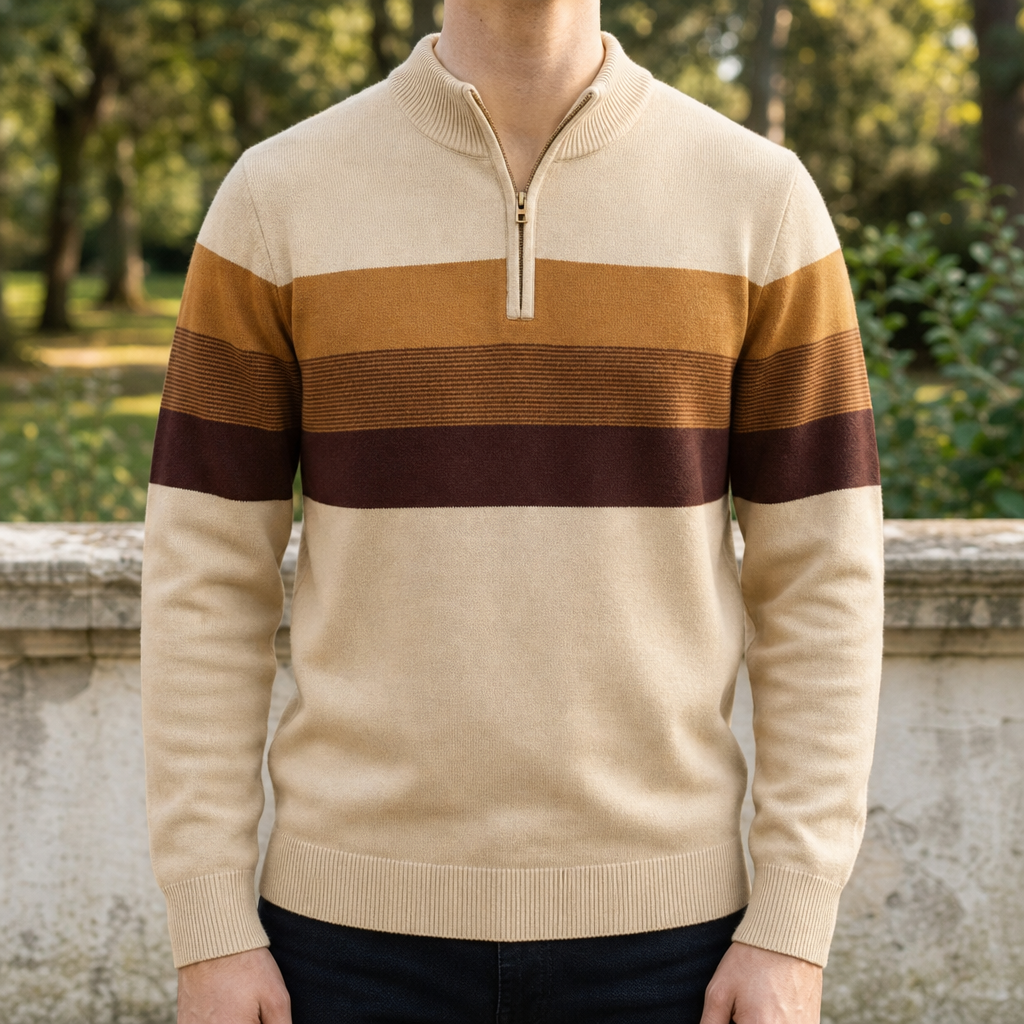 Monemvasia Striped Quarter-Zip Pullover in Brown