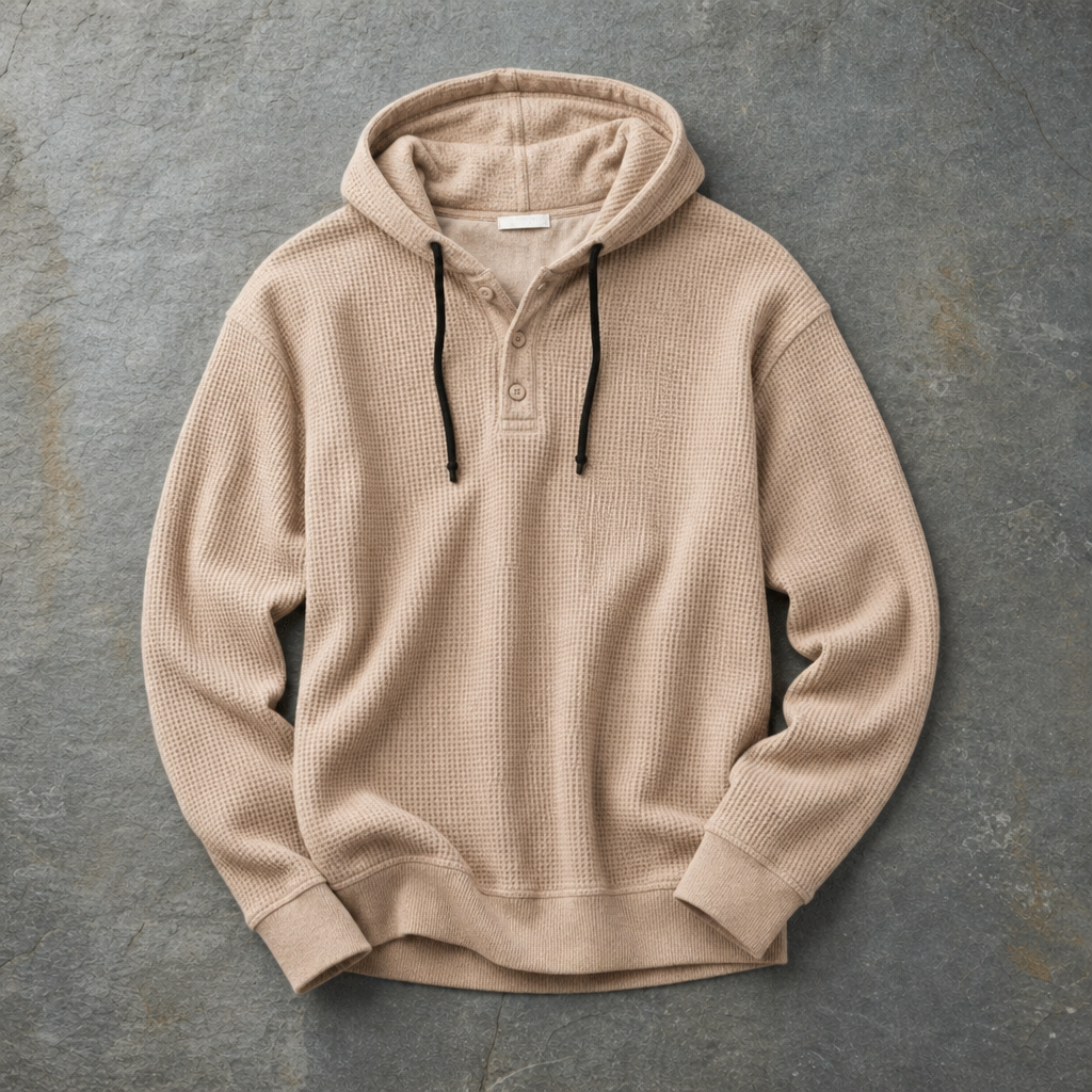 Sarentina Waffle Knit Henley Hoodie in Brown