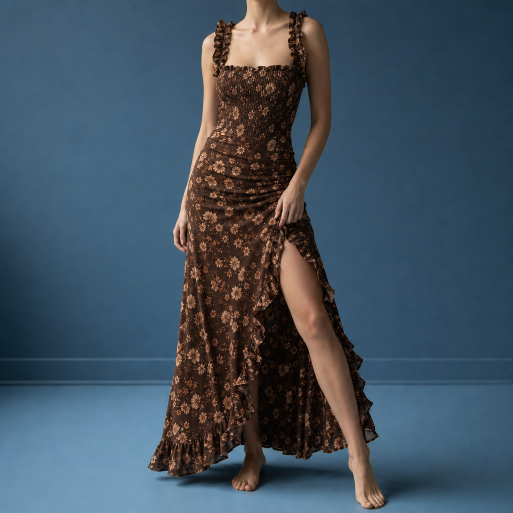 Baeza Smocked Floral Maxi Dress in Brown