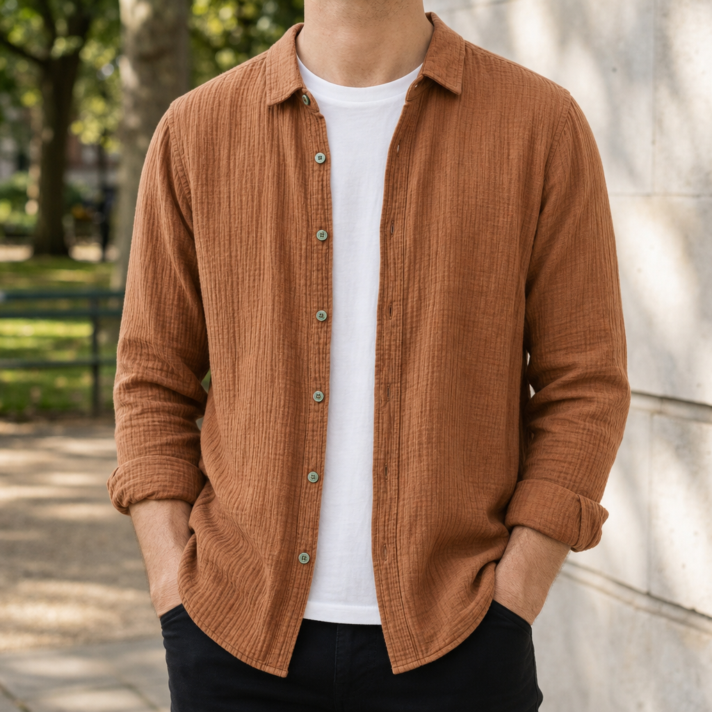 Leros Gauze Cotton Shirt in Brown