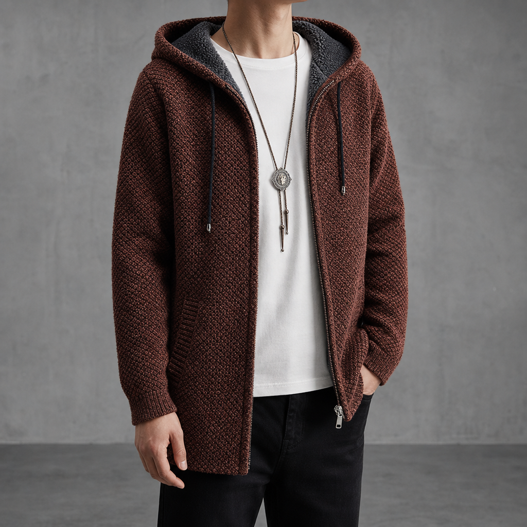 Santander Fleece-Lined Hooded Cardigan in Brown