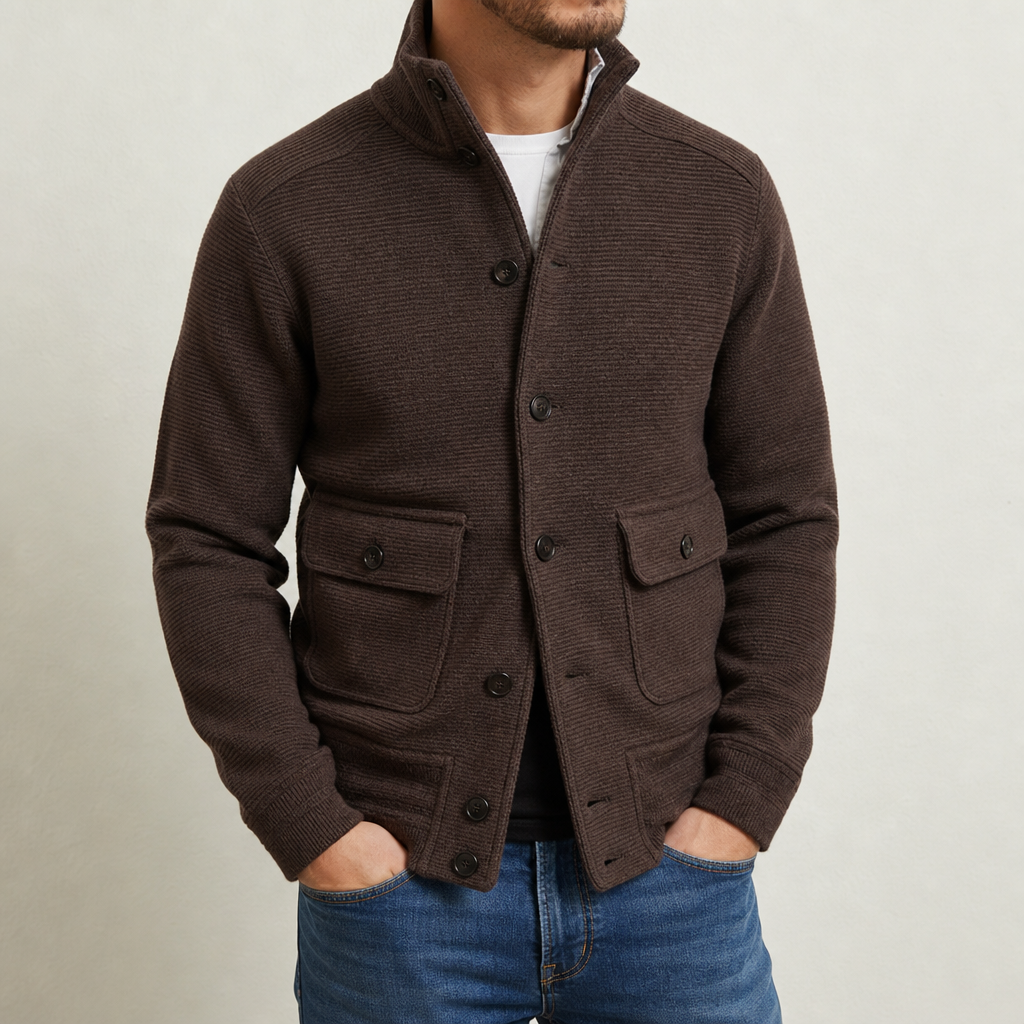 Merano Stand Collar Knit Jacket in Brown