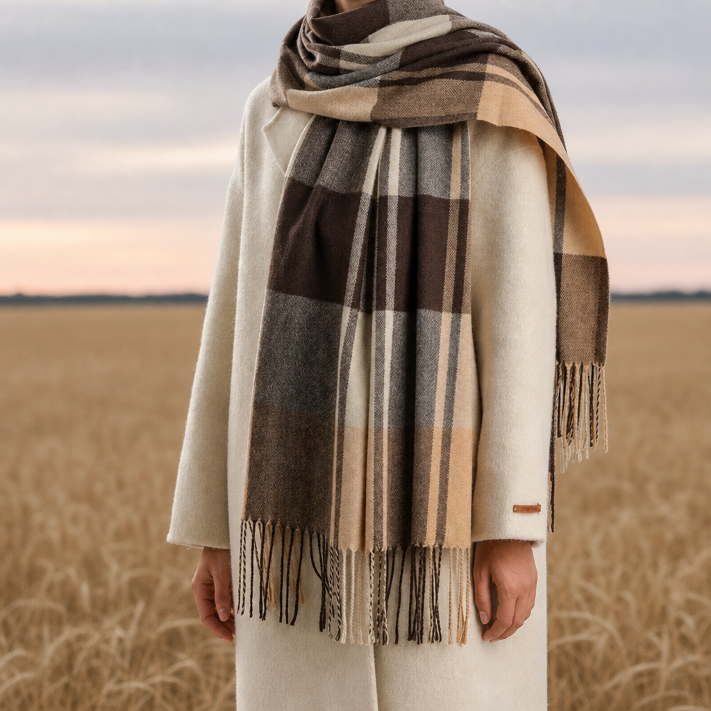 Grasse Plaid Fringe Scarf in Brown