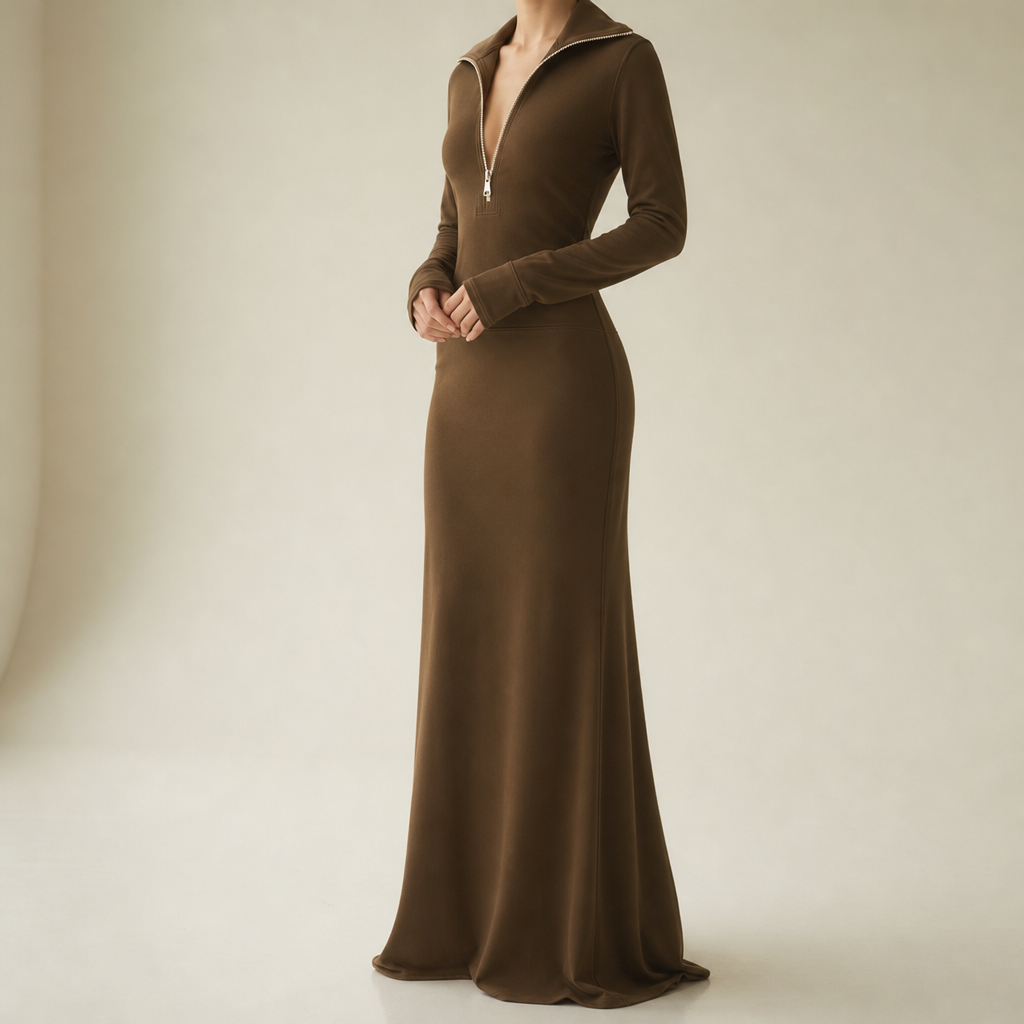 Rimini Zip-Up Maxi Dress in Brown