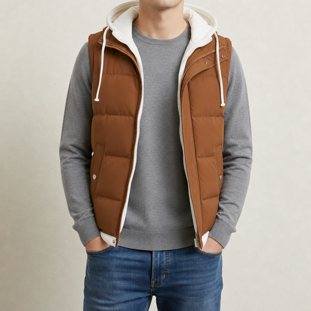 Marsaxlokk Hooded Puffer Gilet in Brown