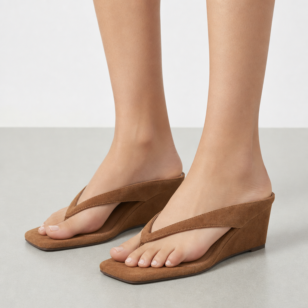 Oviedo Square Toe Wedge Sandals in Brown Suede