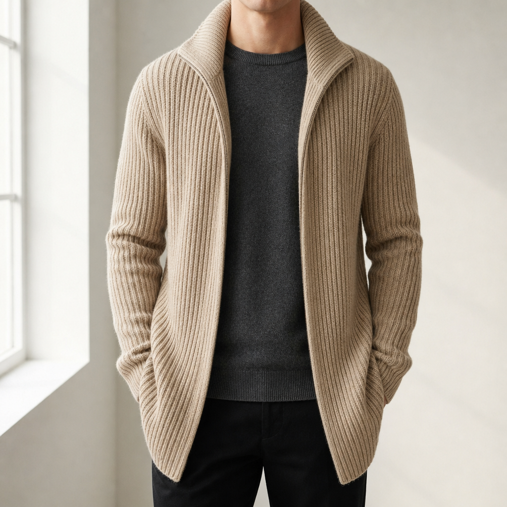 Salamanca Ribbed Knit Cardigan in Camel