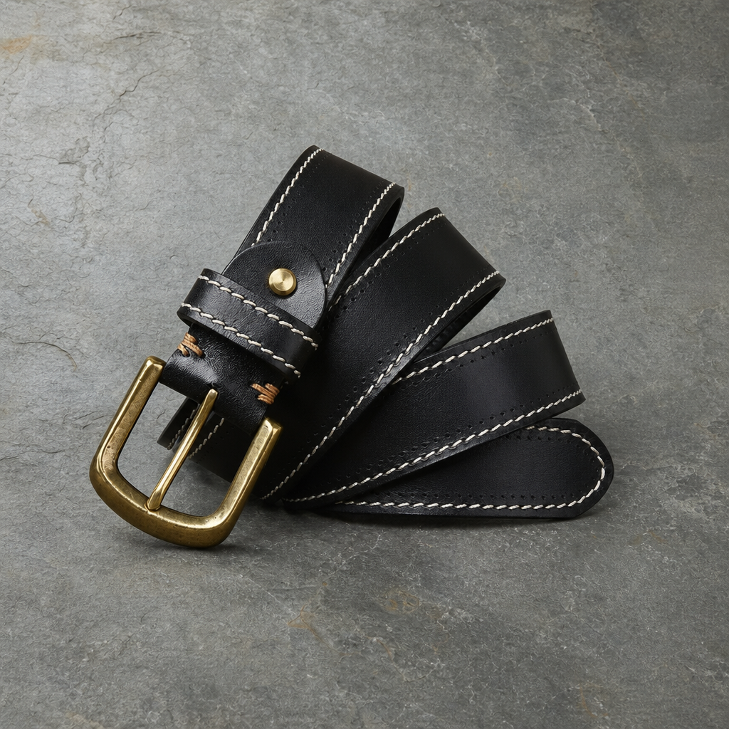 Porto Vecchio Hand-Stitched Leather Belt in Charcoal Black