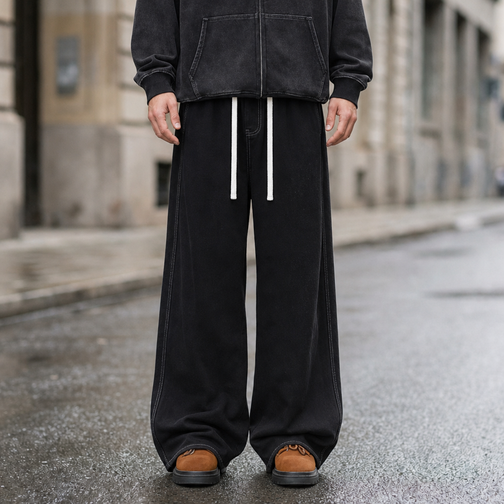 Peniscola Wide-Leg Drawstring Jeans in Classic Black