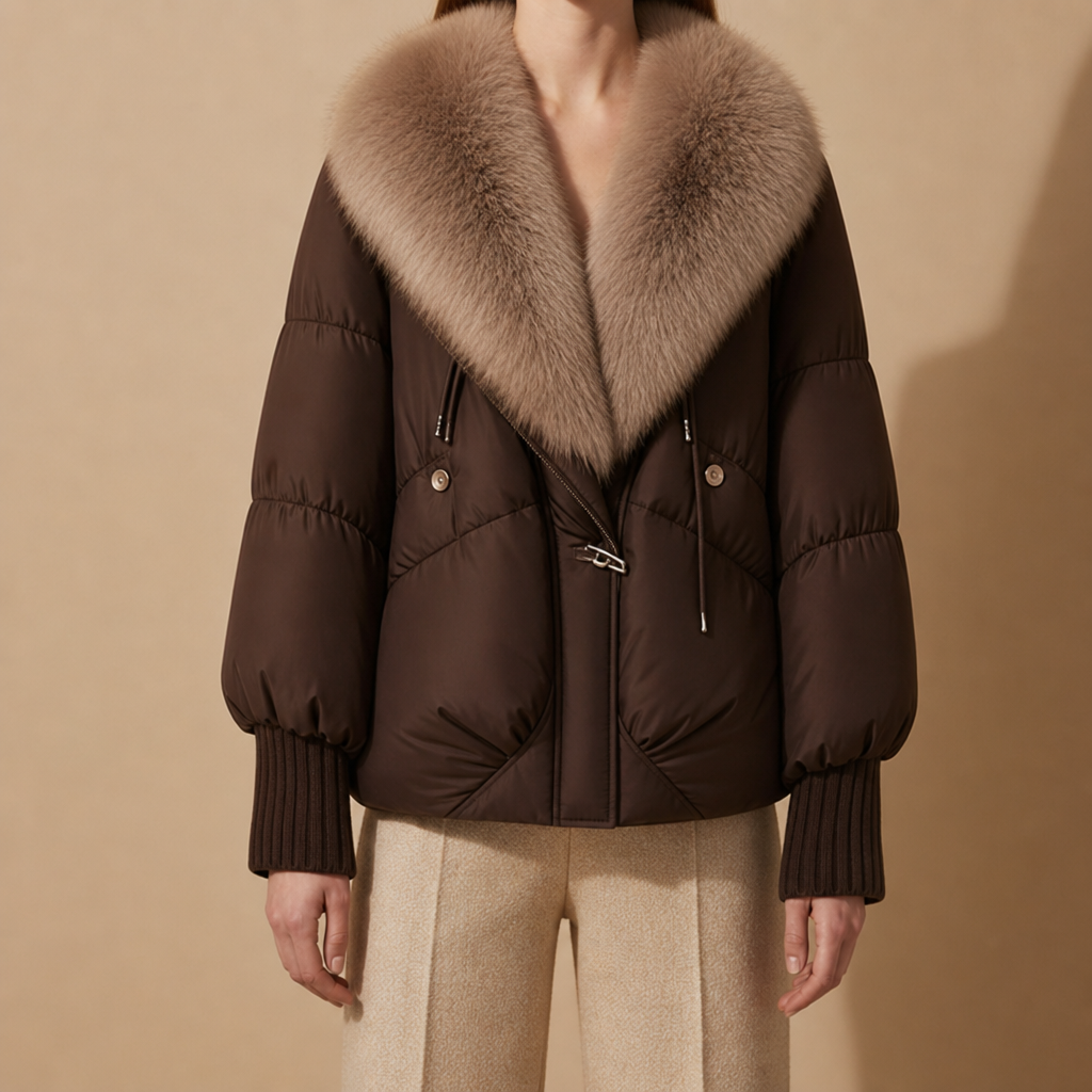 Pollensa Fur Collar Puffer Jacket in Coffee Brown