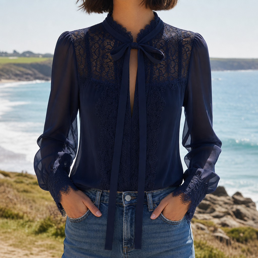 Alicante Lace Tie Neck Blouse in Dark Blue