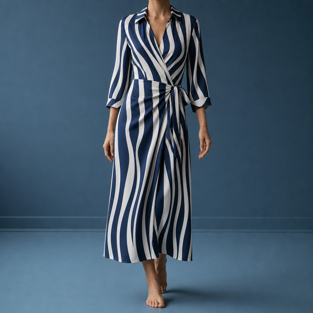 Mljet Striped Wrap Midi Dress in Dark Blue & White