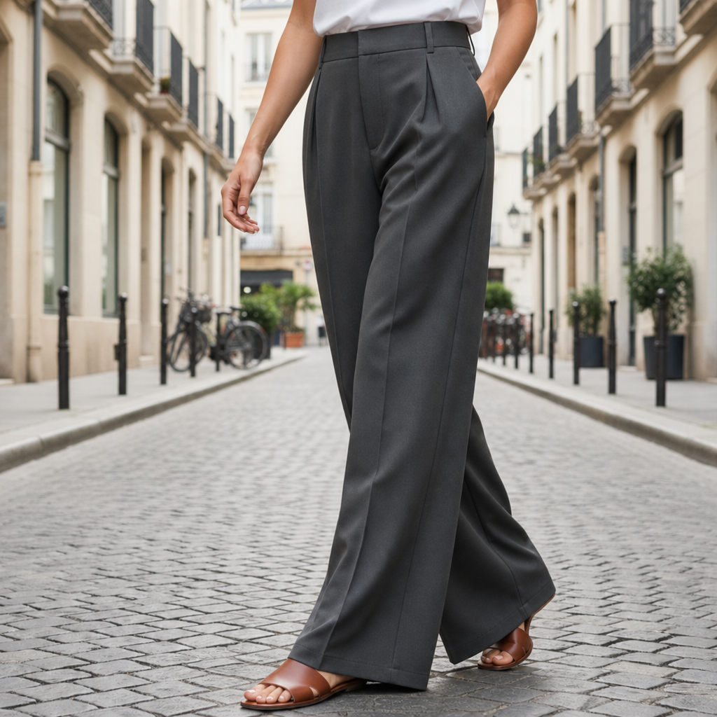 Korcula High Waist Wide-Leg Trousers in Dark Gray