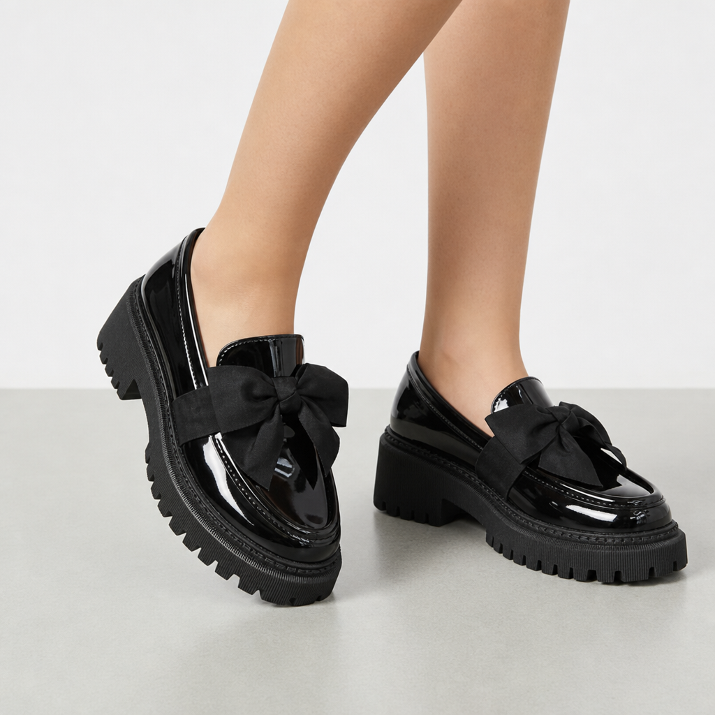 Chios Patent Bow Platform Loafers in Glossy Black