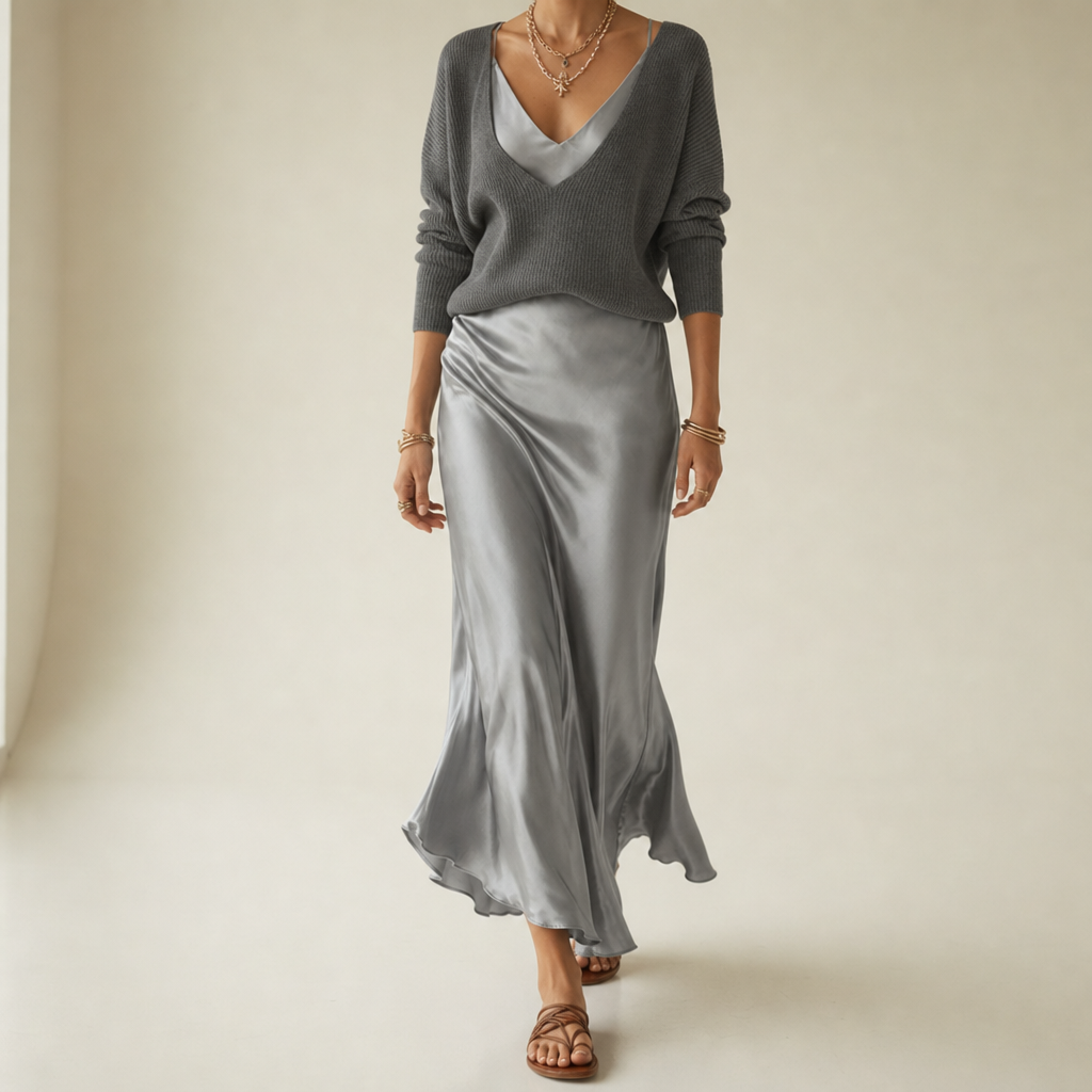 Pylos Satin Midi Skirt Set in Gray