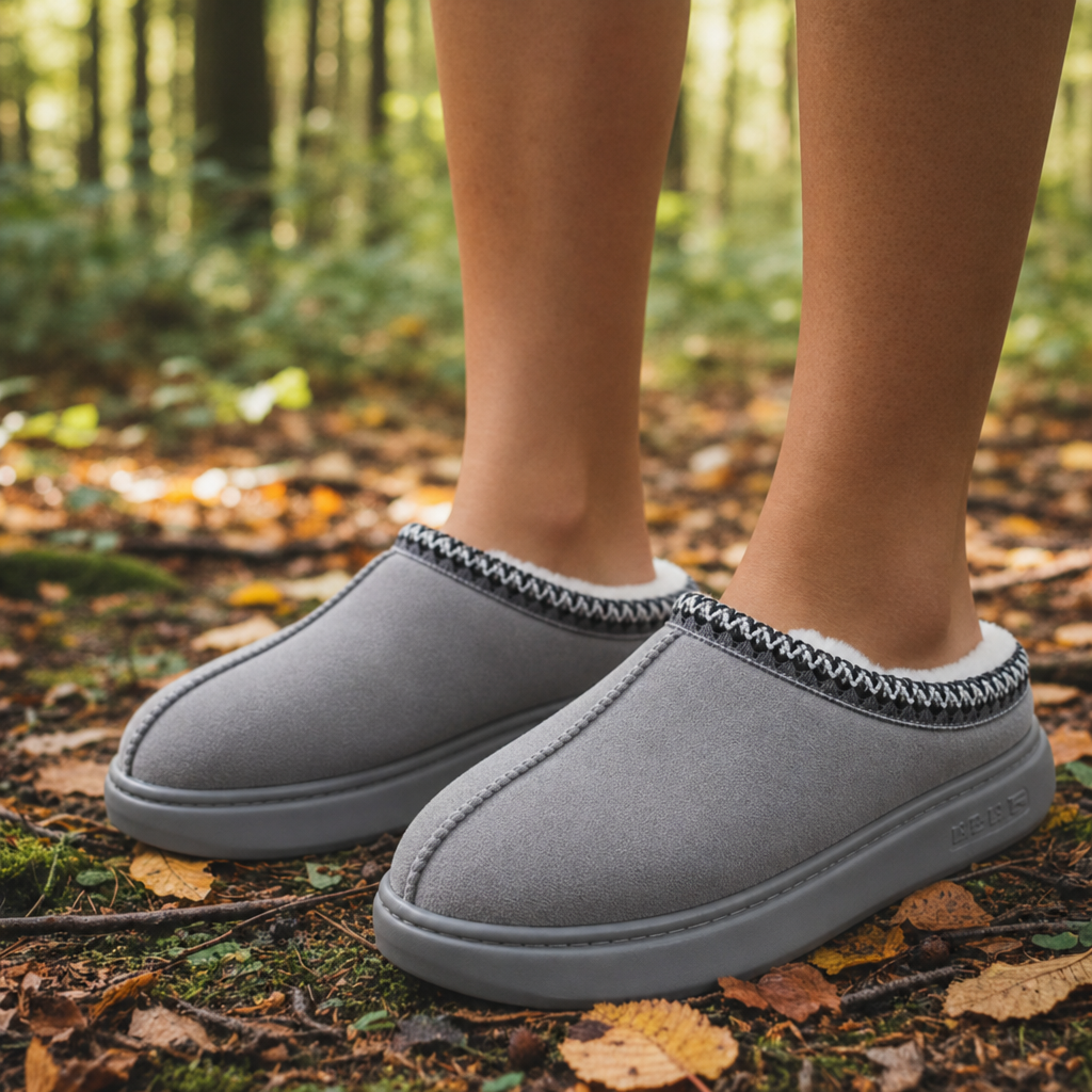 Getaria Fur-Lined Suede Slippers in Gray