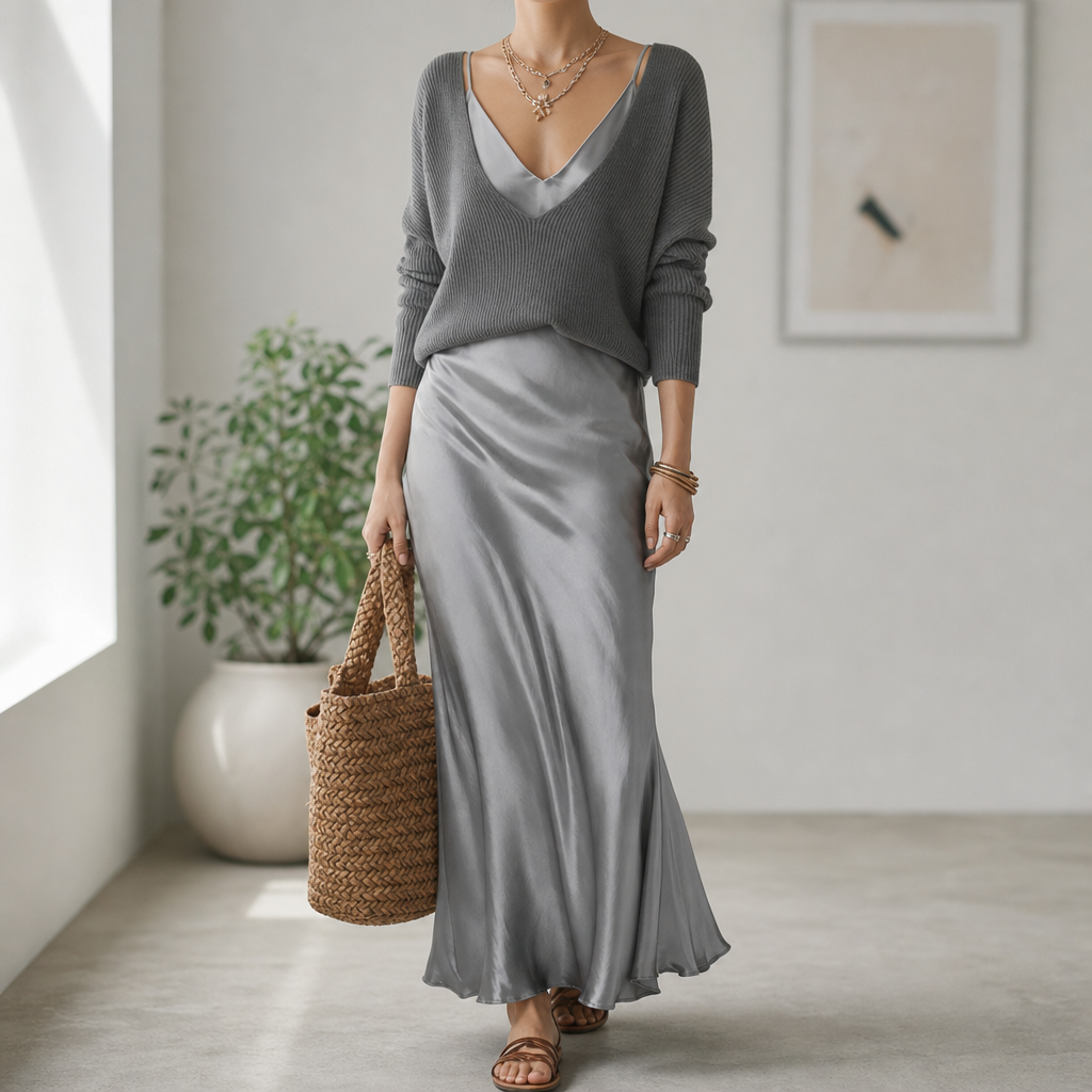 Vence Knit Sweater Satin Set in Gray
