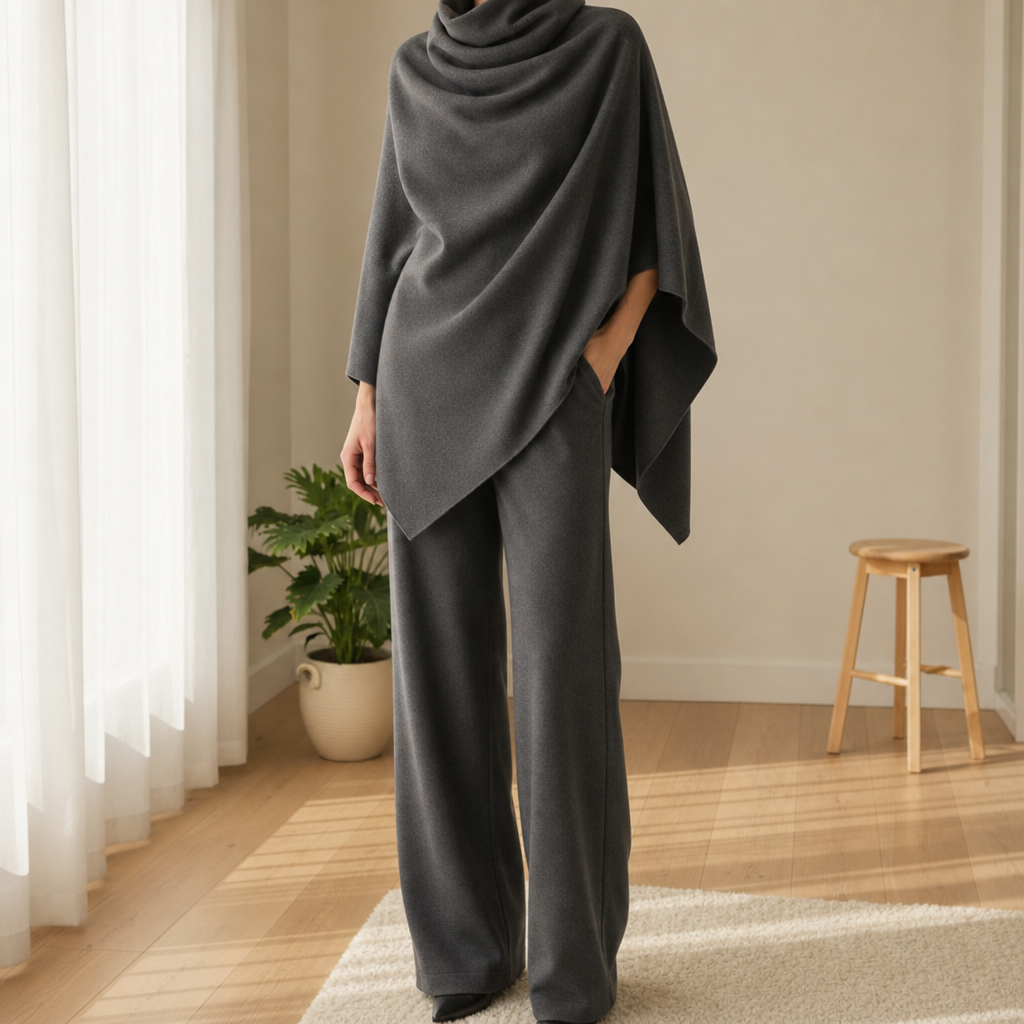 Verona Cape Poncho Trouser Set in Gray
