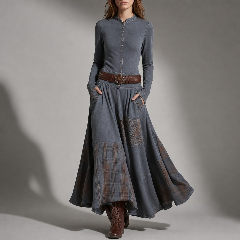 Symi Patchwork Plaid Maxi Dress in Gray