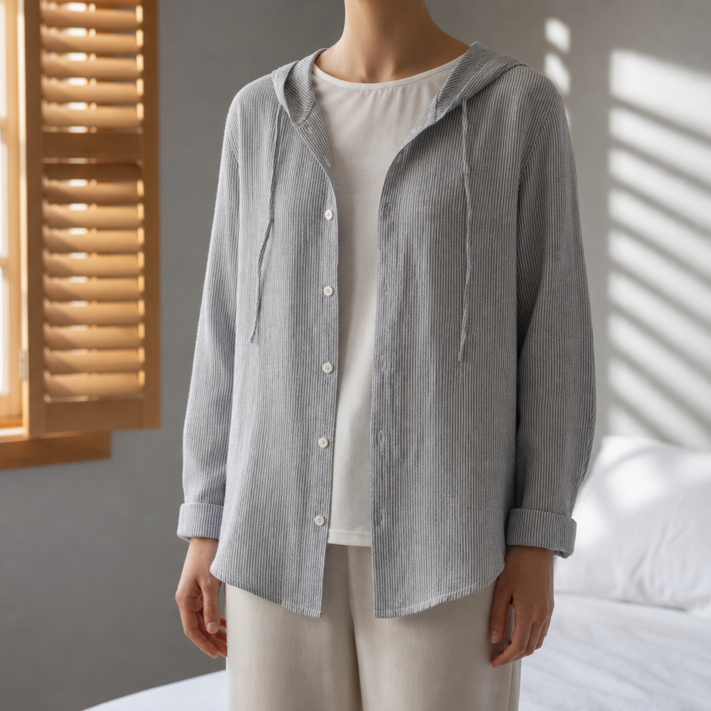 Padova Striped Linen Hoodie Shirt in Gray