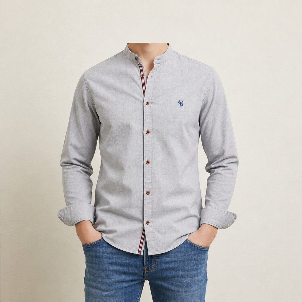 Naxos Band Collar Cotton Shirt in Gray
