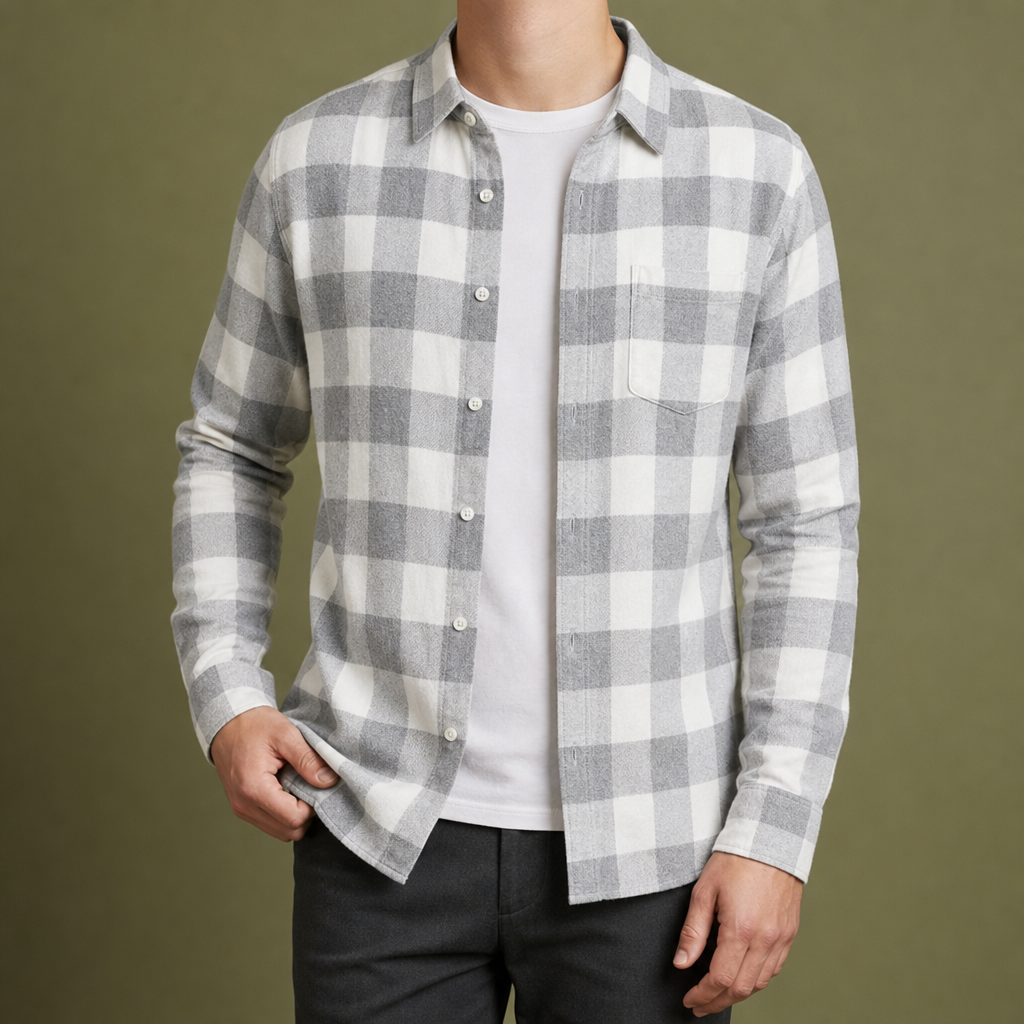Kent Slim Fit Plaid Cotton Long Sleeve Shirt in Gray