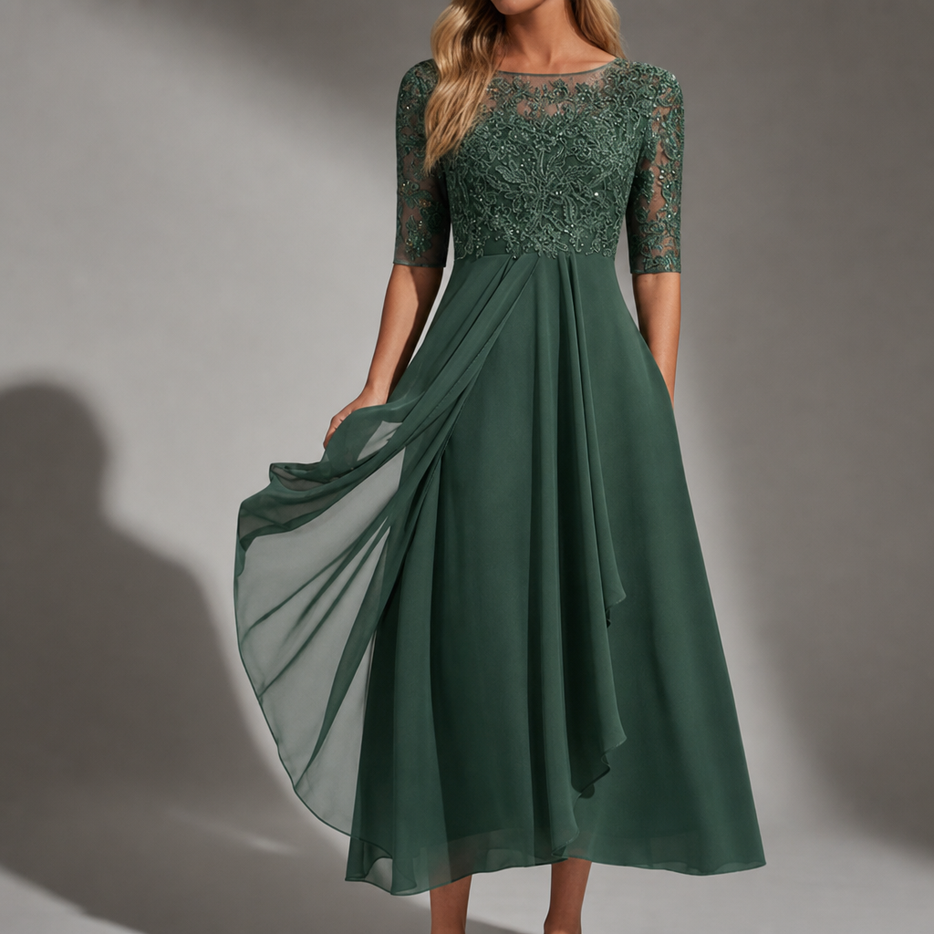 Sagres Lace Chiffon Midi Dress in Green