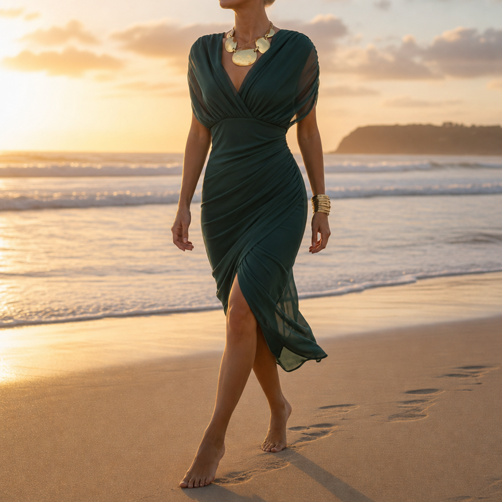 Caceres Ruched Chiffon Midi Dress in Green