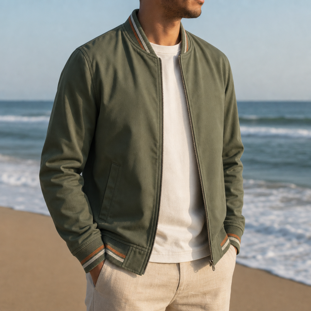 Split Striped Trim Zip Jacket in Green