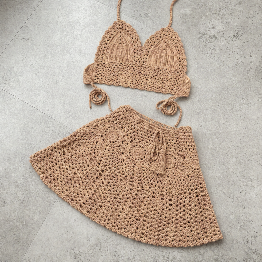 Porteza Crochet Halter Co-Ord Set in Khaki