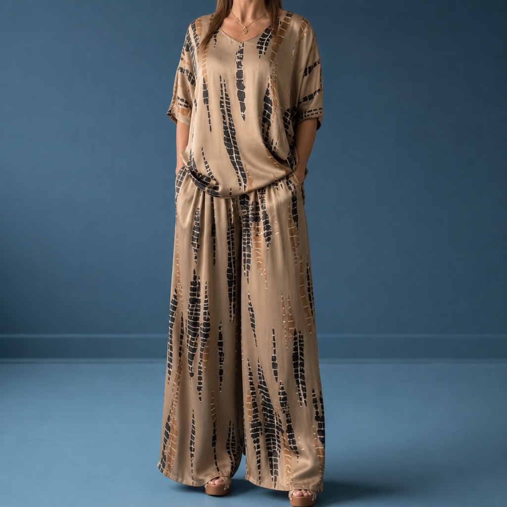 Hondarribia Tie-Dye Satin Co-ord in khaki