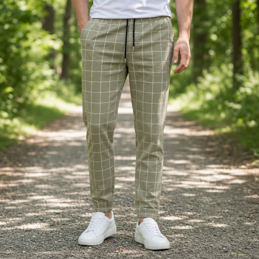 Sibenik Checkered Tapered Joggers in Khaki