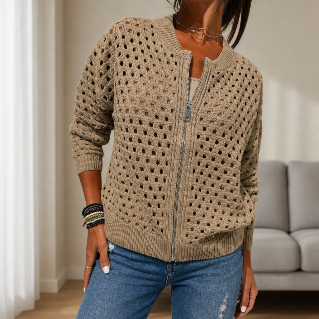 Modica Hollow Knit Zip Cardigan in Khaki