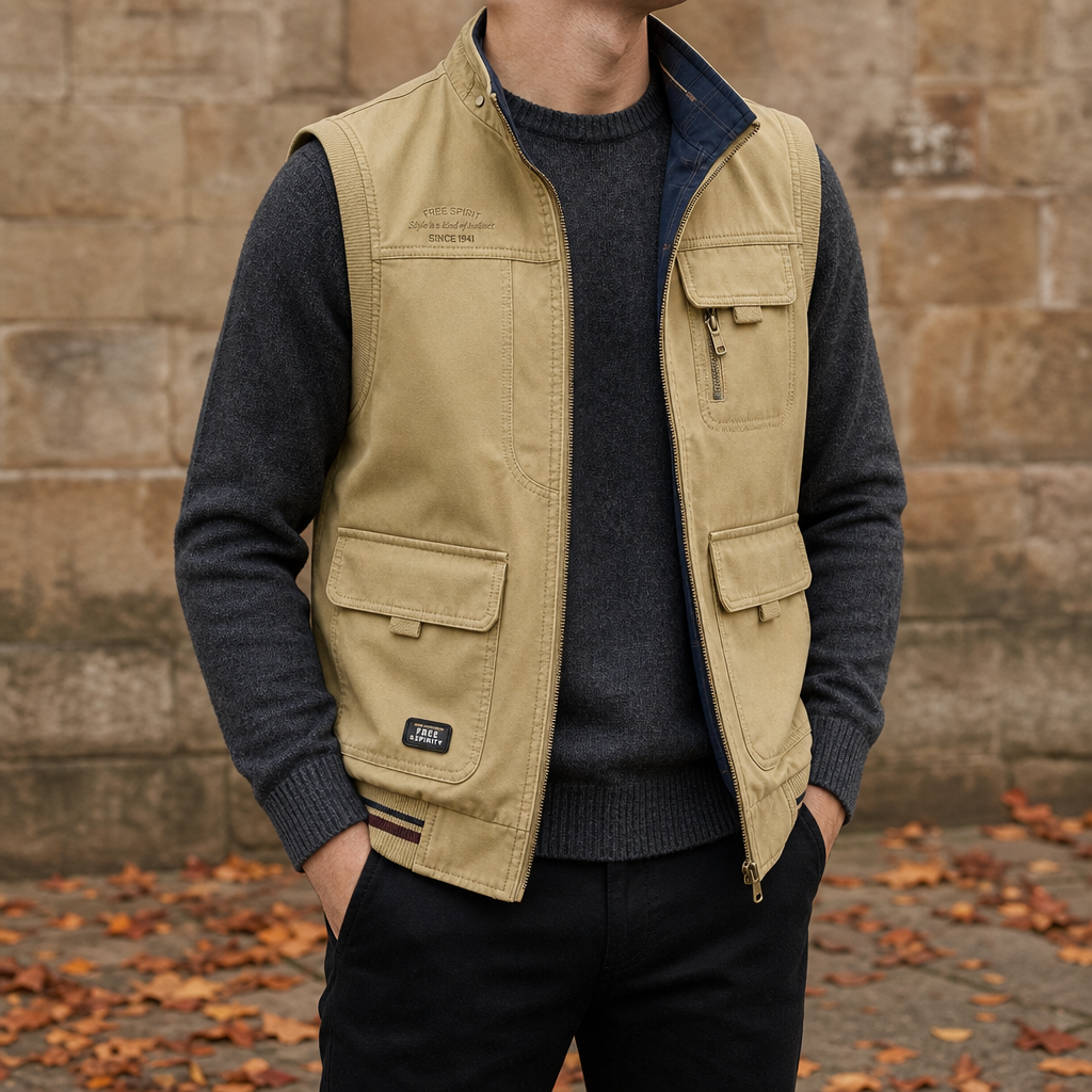 Kyrenia Reversible Multi-Pocket Vest in Khaki