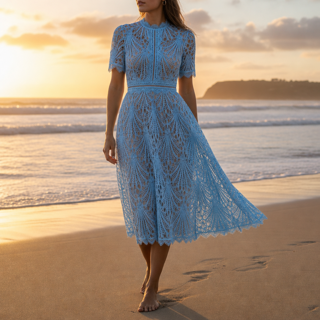 Bellagio Geometric Lace Midi Dress in Light Blue