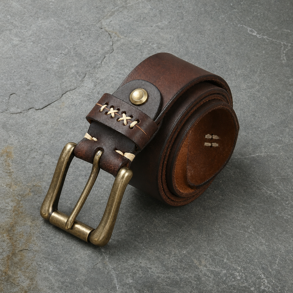 Cassis Hand-Stitched Leather Belt in Mahogany Brown